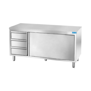 Mesa de acero inoxidable con puertas con 3 cajones verticales a la izquierda sin peto trasero L1000xP600xH850 mm - línea basic - Imagen 2