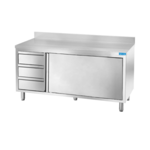 Mesa de acero inoxidable con puertas con 3 cajones verticales a la izquierda con peto trasero L1200xP600xH850 mm - línea basic - Imagen 2