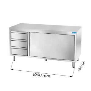 Mesa de acero inoxidable con puertas con 3 cajones verticales a la izquierda sin peto trasero L1000xP700xH850 mm - línea basic