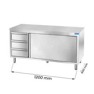 Mesa de acero inoxidable con puertas con 3 cajones verticales a la izquierda sin peto trasero L1200xP600xH850 mm - línea basic