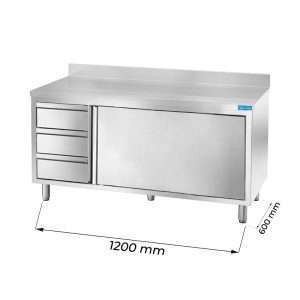 Mesa de acero inoxidable con puertas con 3 cajones verticales a la izquierda con peto trasero L1200xP600xH850 mm - línea basic