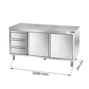 Mesa de acero inoxidable con puertas con 3 cajones verticales a la izquierda sin peto trasero L1400xP600xH850 mm - línea basic
