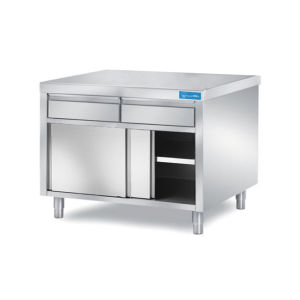Mesa de acero inoxidable con puertas con 2 cajones horizontales sin peto trasero L1200xP600xH850 mm - línea basic - Imagen 2
