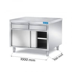 Mesa de acero inoxidable con puertas con 2 cajones horizontales sin peto trasero L1000xP700xH850 mm - línea basic