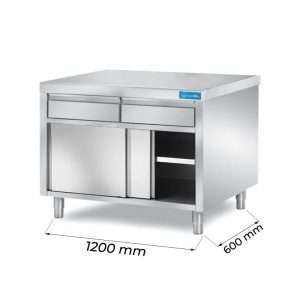 Mesa de acero inoxidable con puertas con 2 cajones horizontales sin peto trasero L1200xP600xH850 mm - línea basic - Imagen 1