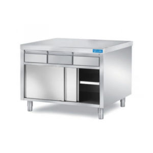 Mesa de acero inoxidable con puertas con 3 cajones horizontales sin peto trasero L1400xP600xH850 mm - línea basic - Imagen 2