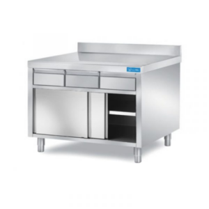 Mesa de acero inoxidable con puertas con 3 cajones horizontales con peto trasero L1600xP700xH850 mm - línea basic - Imagen 2