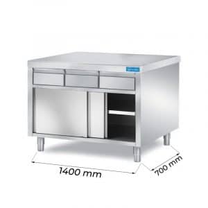 Mesa de acero inoxidable con puertas con 3 cajones horizontales sin peto trasero L1400xP700xH850 mm - línea basic
