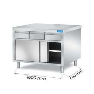 Mesa de acero inoxidable con puertas con 3 cajones horizontales sin peto trasero L1600xP600xH850 mm - línea basic