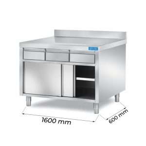 Mesa de acero inoxidable con puertas con 3 cajones horizontales con peto trasero L1600xP600xH850 mm - línea basic