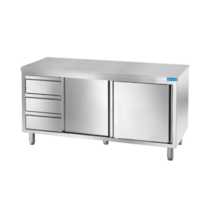 Mesa de acero inoxidable con puertas con 3 cajones verticales a la izquierda sin peto trasero L1500xP700xH850 mm - línea basic - Imagen 2