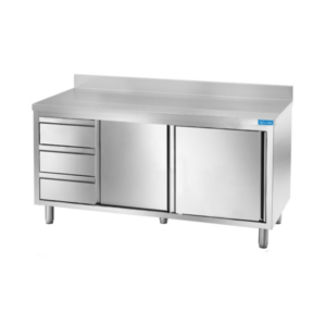 Mesa de acero inoxidable con puertas con 3 cajones verticales a la izquierda con peto trasero L1400xP700xH850 mm - línea basic - Imagen 2