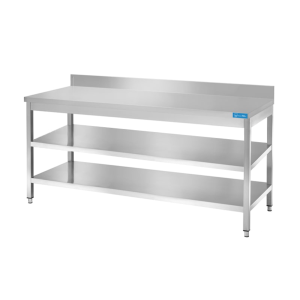 Mesa abierta de acero inoxidable con 2 estantes con peto trasero L400xP600xH850 mm - línea basic - Imagen 11