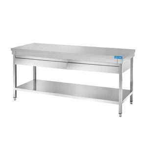 Mesa abierta de acero inoxidable con 2 cajones horizontales con estante sin peto trasero L1200xP600xH850 mm - línea basic - Imagen 2