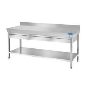 Mesa abierta de acero inoxidable con 3 cajones horizontales con estante con peto trasero L1500xP600xH850 mm - línea basic - Imagen 2
