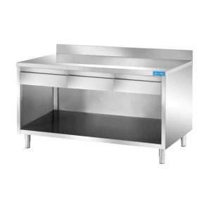 Mesa de acero inoxidable abierta con 3 cajones horizontales con peto trasero L1400xP600xH850 mm - línea basic - Imagen 2