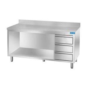 Mesa de acero inoxidable abierta con 3 cajones verticales a la derecha con peto trasero L2200xP600xH850 mm - línea basic - Imagen 2