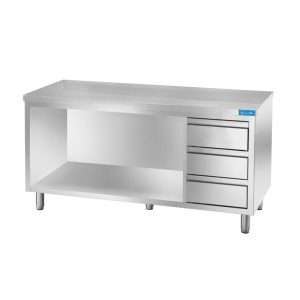 Mesa de acero inoxidable abierta con 3 cajones verticales a la derecha sin peto trasero L1800xP600xH850 mm - línea basic - Imagen 2