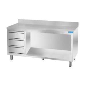 Mesa de acero inoxidable abierta con 3 cajones verticales a la izquierda con peto trasero L2400xP700xH850 mm - línea basic - Imagen 2