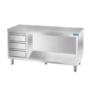 Mesa de acero inoxidable abierta con 3 cajones verticales a la izquierda sin peto trasero L2300xP700xH850 mm - línea basic - Imagen 2