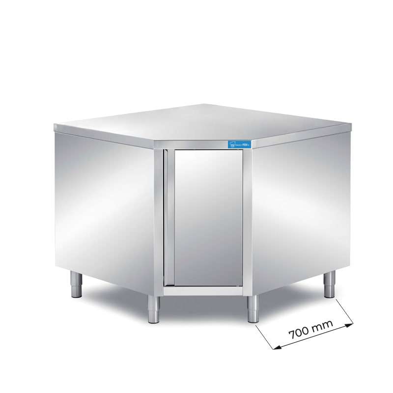 Mesa de acero inoxidable con puertas de esquina sin peto trasero L1000xP700xH850 mm - línea basic