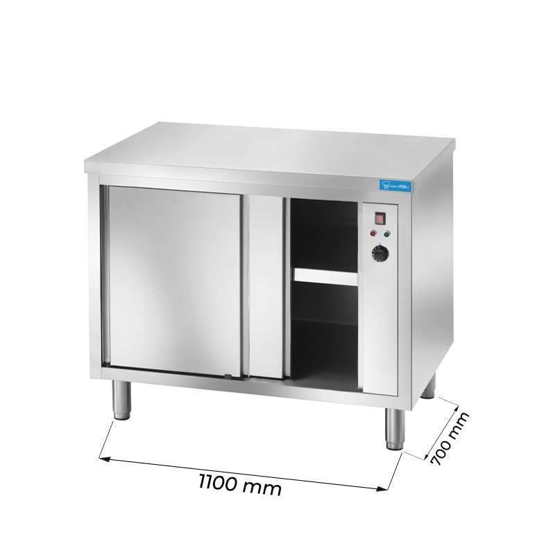 Mesa de acero inoxidable calentada con puertas sin peto trasero L1100xP700xH850 mm - línea basic