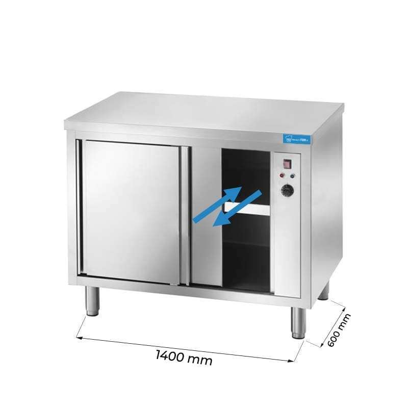 Mesa de acero inoxidable calentada pasante con puertas sin peto trasero L1400xP600xH850 mm - línea basic