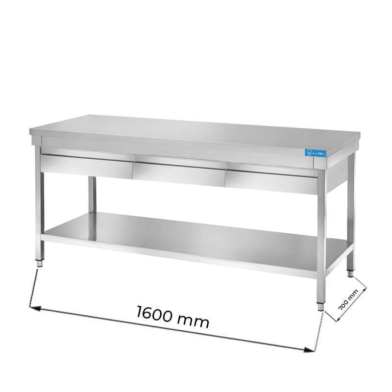 Mesa abierta de acero inoxidable con 3 cajones horizontales con estante sin peto trasero L1600xP700xH850 mm - línea basic