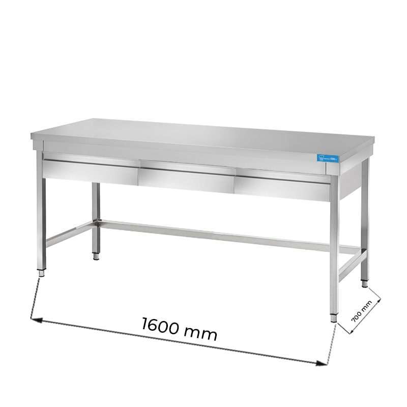 Mesa abierta de acero inoxidable con 3 cajones horizontales sin estante sin peto trasero L1600xP700xH850 mm - línea basic