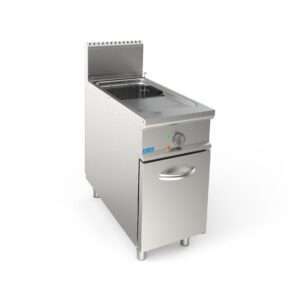 Freidora de gas profesional sobre mueble con cuba limpia individual de 17 lt