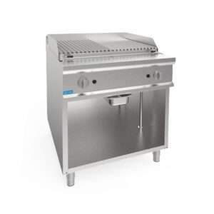 Parrilla de piedra de lava de gas doble sobre vano abierto con parrilla para carne