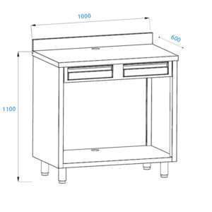 Mueble para máquina café de acero inoxidable con top con peto trasero con cajón batiente de filtro y cajón de servicio L1000xP600xH1100 mm