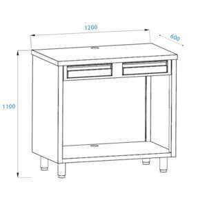Mueble para máquina café de acero inoxidable con top sin peto trasero con cajón batiente de filtro y cajón de servicio L1200xP600xH1100 mm