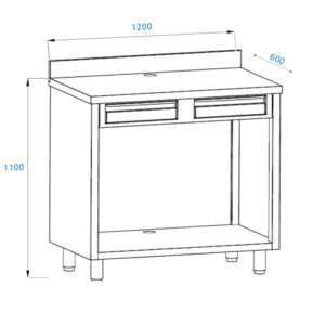 Mueble para máquina café de acero inoxidable con top con peto trasero con cajón batiente de filtro y cajón de servicio L1200xP600xH1100 mm