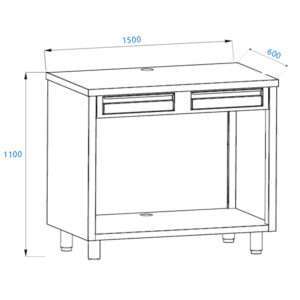 Mueble para máquina café de acero inoxidable con top sin peto trasero con cajón batiente de filtro y cajón de servicio L1500xP600xH1100 mm