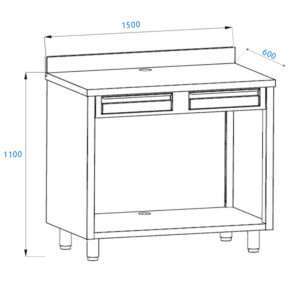 Mueble para máquina café de acero inoxidable con top con peto trasero con cajón batiente de filtro y cajón de servicio L1500xP600xH1100 mm