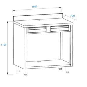 Mueble para máquina café de acero inoxidable con top con peto trasero con cajón batiente de filtro y cajón de servicio L1000xP700xH1100 mm