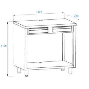 Mueble para máquina café de acero inoxidable con top sin peto trasero con cajón batiente de filtro y cajón de servicio L1200xP700xH1100 mm