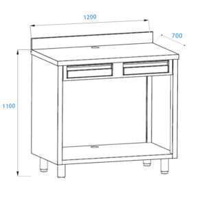 Mueble para máquina café de acero inoxidable con top con peto trasero con cajón batiente de filtro y cajón de servicio L1200xP700xH1100 mm
