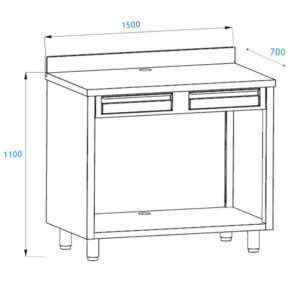 Mueble para máquina café de acero inoxidable con top con peto trasero con cajón batiente de filtro y cajón de servicio L1500xP700xH1100 mm