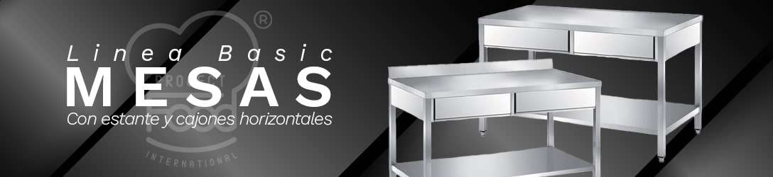 MESAS DE ACERO INOXIDABLE CON ESTANTE Y CAJONES HORIZONTALES