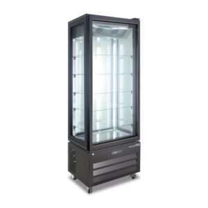 Vitrina expositiva negra no frost con 4 lados de vidrio y 5 estantes temp. de -18°C a -21°C - capacidad 452 lt