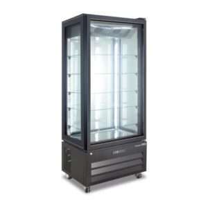 Vitrina expositiva negra no frost con 4 lados de vidrio y 5 estantes temp. de -18°C a -21°C - capacidad 624 lt