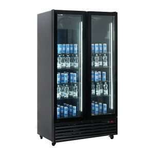 Vitrina refrigerada para bebidas de 614 lt premium negra con puertas batientes temperatura de 0°C a +10°C