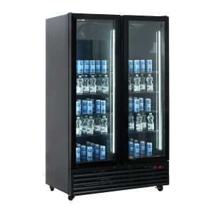 Vitrina refrigerada para bebidas de 1000 lt premium negra con puertas batientes temperatura de 0°C a +10°C