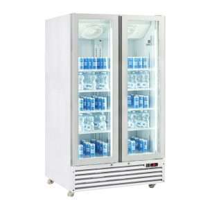 Vitrina refrigerada para bebidas de 1000 lt premium blanca con puertas batientes temperatura de 0°C a +10°C