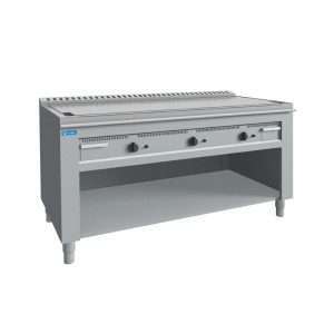 Plancha teppanyaki cromada de gas sobre mueble con 3 zonas de cocción - longitud 1600 mm