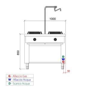Placa de gas para wok bifronte sobre mueble con n° 4 quemadores y columna de agua - longitud 1000 mm - Imagen 3