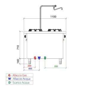 Placa de gas para wok bifronte sobre mueble con n° 4 quemadores y columna de agua - longitud 1000 mm - Imagen 4