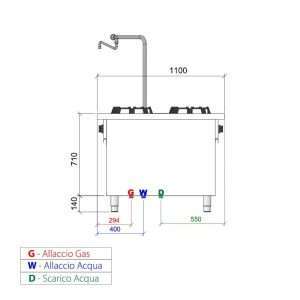 Placa de gas para wok bifronte sobre mueble con n° 6 quemadores y columna de agua - longitud 1500 mm - Imagen 4